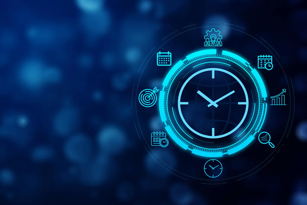 Gebäudemanagement: Projektmanagement und Bauleitung von Navolta AG – digitale Uhr mit vernetzten Symbolen für Planung, Effizienz und Organisation